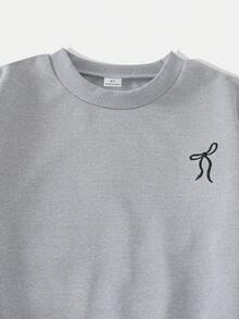 SHEIN 3件組 大女孩純色刺繡寬鬆圓領上衣 + 格紋條紋披肩 + 成套休閒運動長褲 - 灰色 - 查看 5