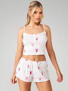 Missguided x Playboy 印花兔子爱心镂空吊带背心和短裤睡衣套装家居服 - 彩色 - 查看 3