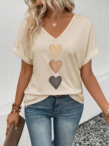 EMERY ROSE Women's V-Neck Flared Cuff, Ombre Heart Print Casual Versatile T-Shirt, Spring/Summer - Apricot - View 6