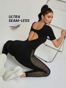 Innovista Woman Seamless Workout Jumpsuit With Built-In Bra Removable Pads Athletic Stretchy Yoga Gym Romper One Piece Exercise Suit Backless With Mesh Cutout Breathable Fall Sports Tummy Control Boosting Design Daily Athleisure Overall Clothes - Black - View 4