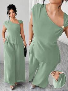 Elenzga 大码女式两件套，无袖上衣配肩带装饰和阔腿裤，优雅荷叶边袖设计，适合返校、毕业典礼、情人节、音乐节、母亲节、万圣节、感恩节、复活节、国庆节、舞会、约会、婚礼、户外活动等场合。 - 綠色 - 查看 5