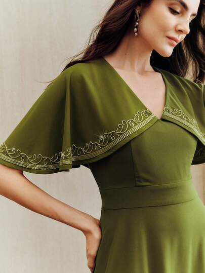  Anewsta Elegant V-Neck Short Sleeve Poncho-Style Silver Beaded Embroidered Trim Waist Cinched A-Line Dress, Flattering For Spring/Summer