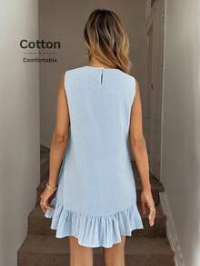 Easowa 蓝白条纹荷叶边下摆无袖圆领女式迷你连衣裙 - 藍白色 - 查看 2