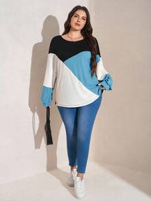 SHEIN LUNE Plus Size Casual Contrast Color Round Neck Lantern Sleeve Sweatshirt, Autumn Plus Size Fall Clothes - Teal Blue - View 6