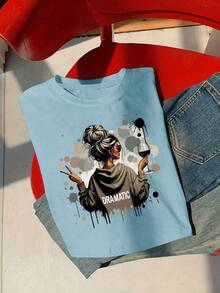 Camiseta corta casual de mujer con estampado gráfico - Neblina azul - Ver 3