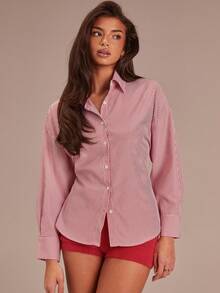 Athîral Stylish Women's Long Sleeve Striped Woven Fabric Shirt With Collar And Asymmetrical Hem, Featuring A Chic Back Lace-Up Tie, Pink Shirt Women, Tie Up Shirt, Button Up Shirt - Red and White - View 2