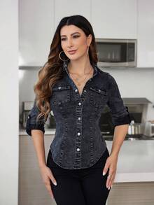 SHEIN PETITE 深灰色水洗修身收腰休闲牛仔女式衬衫 - 深灰色 - 查看 1