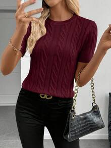 SHEIN Cottnline Blogger-Inspired Twist Rope Decor Round Neck Knit Sweater, Versatile For Autumn/Winter - Burgundy - View 6