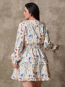 Elenzga Blume Muster Große Größen Damen Kleid mit Bindegürtel, lässig für den Alltag und Urlaub, geeignet für Dates und Pendeln - Verschiedenfarbig - Übersicht 2