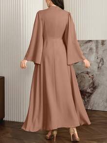 Modelyn Women Elegant Solid Color Bell Sleeve Arabic Dress, Autumn Long Evening Dresses - Khaki - View 2