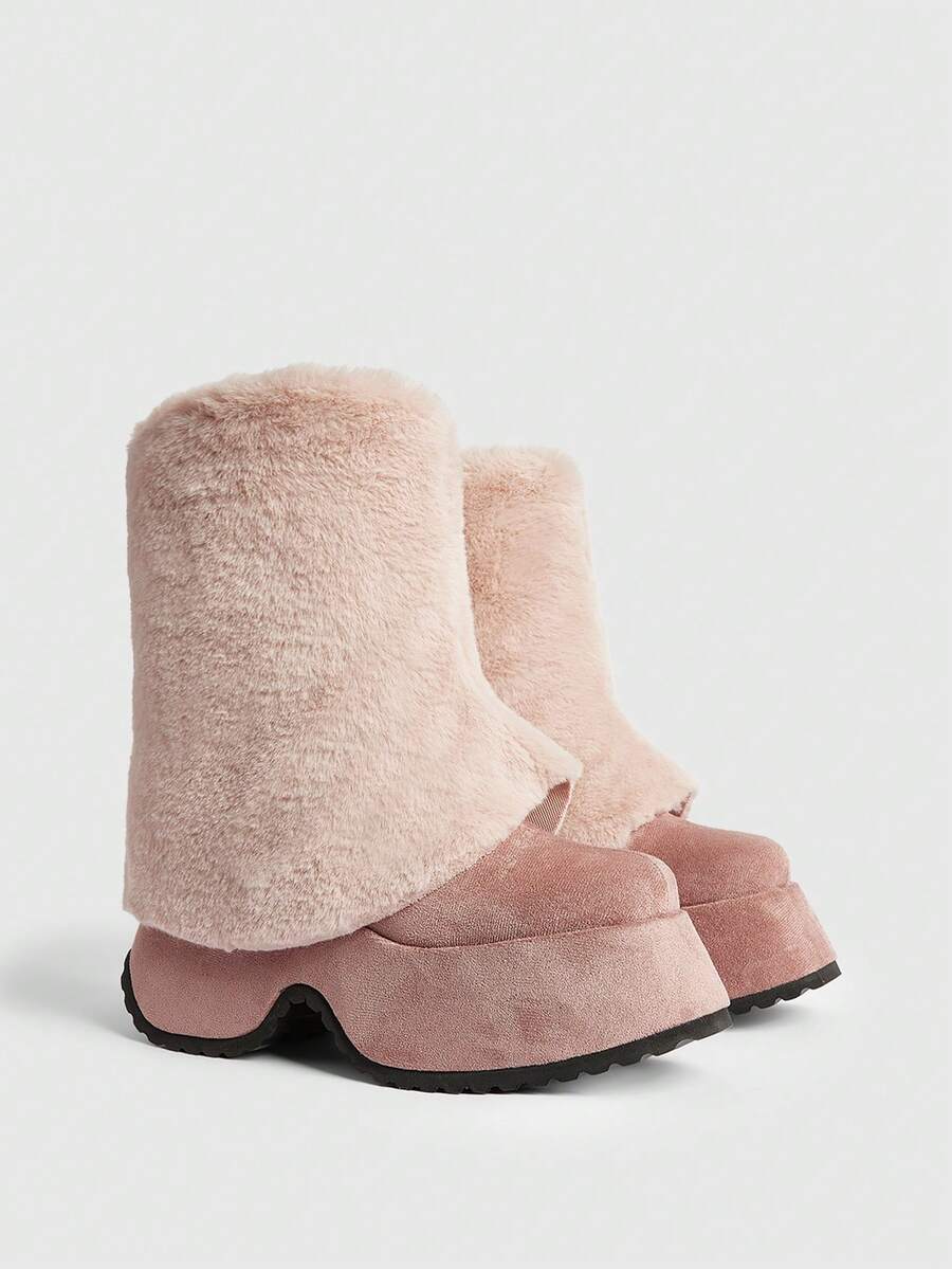 Sugerpunk Women's Thick Sole Wedge Mid-Calf Boots, Fashion & Commute, Autumn/Winter - Apricot - View 1