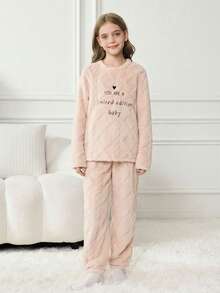 SHEIN Leap Crew Tween Girls Slogan Embroidered Wool Blend Long Sleeve Top And Pants Pajama Set - Baby Pink - View 5