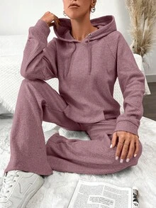 SHEIN Cottnline Women's Solid Color Raglan Sleeve Drawstring Hooded Sweatshirt And Pants Casual 2 Pieces Set - Rusty Rose - View 4