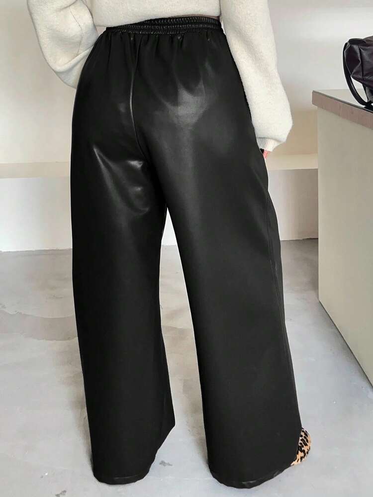 Dazy Plus Plus Size Women Loose Straight Leg PU Leather Pants With Drawstring Waist, Casual Street Style, Suitable For Autumn/Winter