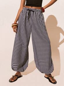 Poéselle Women's Casual Everyday Commute Vacation Style Patterned Print Drawstring Waist Loose Harem Cotton Pants, Plaid - Black and White - View 3