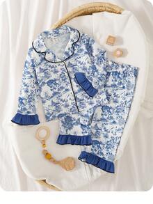 Babygirl Casual Cute Colorblock Landscape Graphic Ruffle Trim Long Sleeve Pajama Set - Blue - View 4