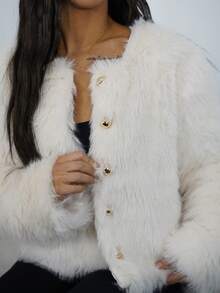 SAYEHFBABY Women's Solid Color Long Sleeve Single-Breasted Loose Casual Faux Fur Jacket - Apricot - View 3