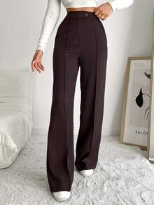 EURMUSE Women's Solid Color High Waist Toothpick Stripe Design Pocket Casual/Work Pants - Brown - View 3