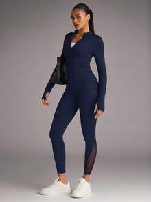 SHEIN BAE Chaqueta Deportiva Con Cierre De Cremallera, Cuello De Pie Y Color Sólido - Azul - Ver 7