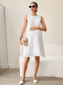 MaterniWear 孕妇纯色纹理简约休闲无袖连衣裙 - 白色 - 查看 4