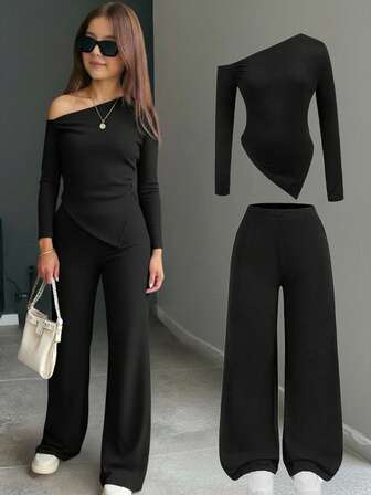 Firerie Kids Firerie Kids 2pcs Tween Girls Casual Knit Asymmetric Collar T-Shirt And Wide Leg Pants Set, Suitable For Autumn/Winter, Daily Casual Wear