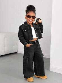 Set de 2 piezas: Chaqueta de manga larga con cuello de solapa de denim caqui y pantalones holgados para niña joven - Negro - Ver 3