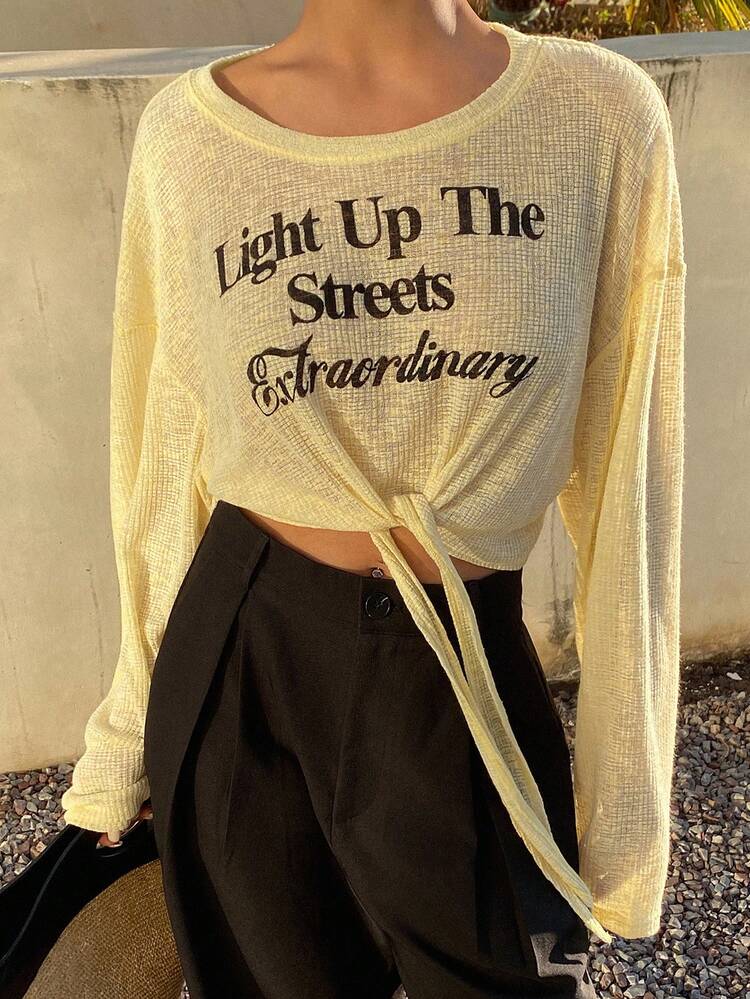 Women's Slogan Print Round Neck Drop Shoulder Long Sleeve Casual T-Shirt Vacation