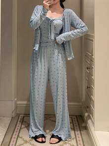 DAZY 3件套蝴蝶结碎花开衫、吊带背心、裤子女士睡衣套装 - 藍色 - 查看 5