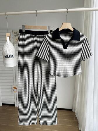 SHEIN Reset Phase Conjunto de camisetas para adolescentes, conjunto de moda a cuadros para señoritas jóvenes, diseño de empalme de cuello negro, diseño de dobladillo curvo, combinado con pantalones, casual y sencillo