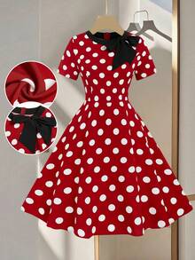 GlowEve CURVE 女士翻领撞色波点A字腰连衣裙，情人节 - 紅色 - 查看 1