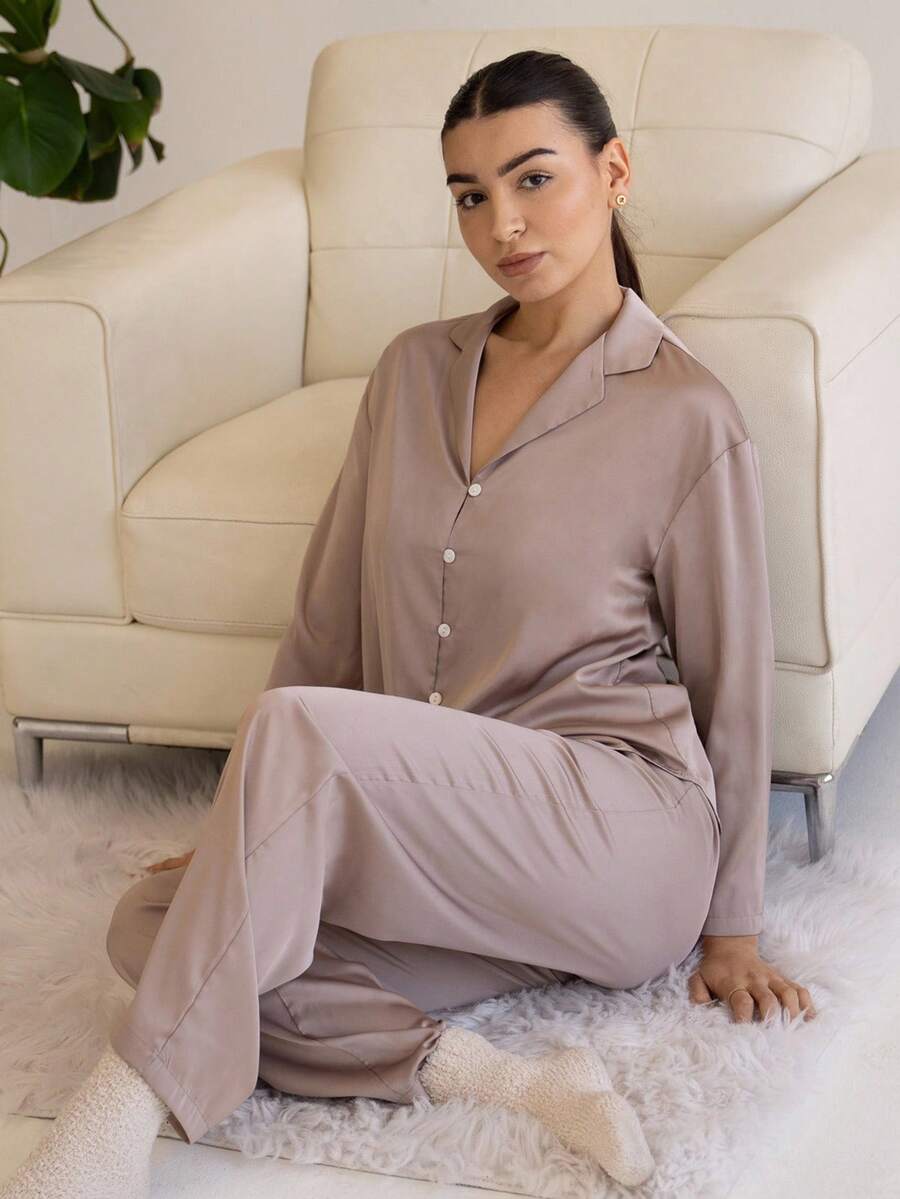 Andrea Bello Leisure Women's Satin Silky Loose Long Sleeve Pajama Set Chic Autumn French Elegance Easy Comfort, Fall Clothes  Cozy And Elegant Details - Khaki - View 1