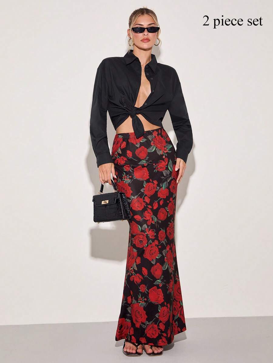 COSMINA Damen Einfarbiges Langarm-Hemd kombiniert mit einem bedruckten Fishtail Midi-Rock; Silvester Set, Valentinstag Set, Hochzeitsgast Set; Schwarzes Hemd und roter Blume Muster Rock Set; Geeignet für Dates, Partys und elegante Zweiteiler.