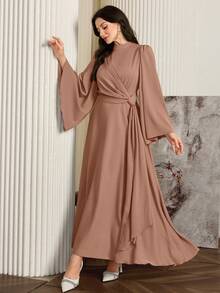 Modelyn Women Elegant Solid Color Bell Sleeve Arabic Dress, Autumn Long Evening Dresses - Khaki - View 3