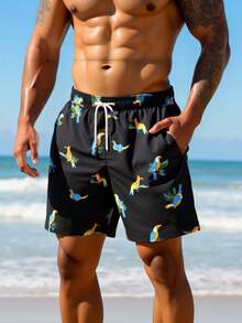 Manfinity Swimmode Men's Bird Print Drawstring Waist Pocket Beach Shorts Men Black Swim Trunks Men Beachwear - Black - View 4