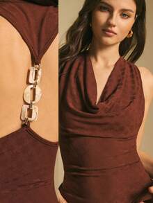 Sleeveless Solid Color Draped Neck Sexy Cami Top – Summer Knitted Stretchy Waist Slim-Fit Top With Textured Knit Fabric & Back Chain Detail - Brown - View 1