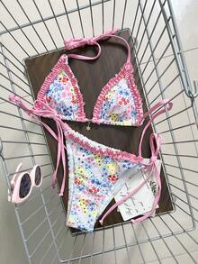Swim Mod 女士新款格子荷叶边V领露背三角裹身系带比基尼泳衣两件套，春夏款 - 彩色 - 查看 2