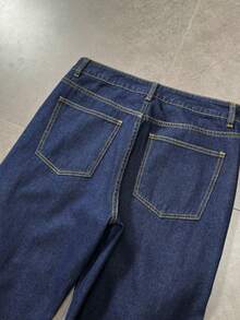 ROMWE MEN Quần jeans nam ống rộng dáng suông, phối nhiều mảnh lông và có túi, kiểu dáng thường ngày. - Màu xanh lam - Xem 3