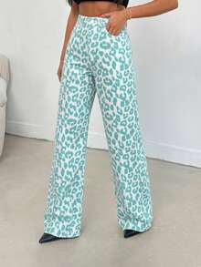 EURMUSE 100% Cotton MID RISE WIDEEG CUT LEOPARD PETITE JEAN - Multicolor - View 5