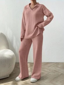 EURMUSE 2pcs Solid Color Ribbed Polo Neck Loose Fit Ribbed Sweaters - Dusty Pink - View 4