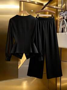 GlowEve CURVE Plus Size Elegant Commuter Solid Color Shirt & Pants 2 Pieces Set - Black - View 2