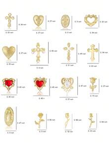 70件套金色美甲饰品套装，镶嵌水钻和宝石，饰有玫瑰、心形、十字架、圣母玛利亚吊坠等Y2K风格3D闪亮美甲装饰配件，适合DIY美甲 - 金色 - 查看 6