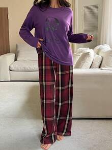 DAZY Dog Print Loose T-Shirt Top & Plaid Loose Pajama Pants Women Sleepwear Set - Purple - View 3
