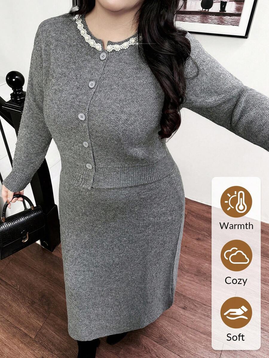 Feyla 大码女式优雅仿珍珠纽扣开衫和裙装套装,适合工作和通勤,秋冬季 - 灰色 - 查看 1