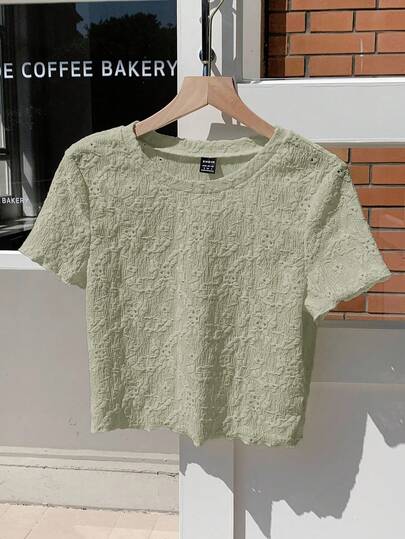 Comfortcana Camiseta básica de cuello redondo de manga corta de punto jacquard en beige, para verano