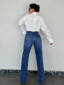 100%Cotton Split Hem Straight Leg Jeans - Dusty Blue - View 2