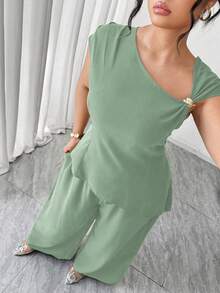 Elenzga 大码女式两件套，无袖上衣配肩带装饰和阔腿裤，优雅荷叶边袖设计，适合返校、毕业典礼、情人节、音乐节、母亲节、万圣节、感恩节、复活节、国庆节、舞会、约会、婚礼、户外活动等场合。 - 綠色 - 查看 4