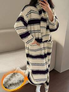 DAZY 2pcs Women Striped Knit Loose Long Sleeve Robe & Scarf Sleepwear Set, Winter Pajamas - Black and White - View 3
