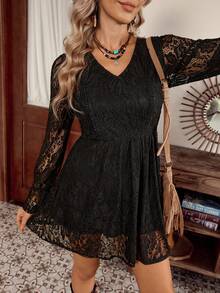 SHEIN LilyWest LanaWest Women's Western Casual V-Neck Lace Patchwork Ruffle Hem Flare Sleeve A-Line Dress - Black - View 4
