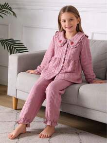 少女心纹理面料草莓刺绣荷叶边领开衫和裤子舒适两件套睡衣套装 - 粉色 - 查看 7