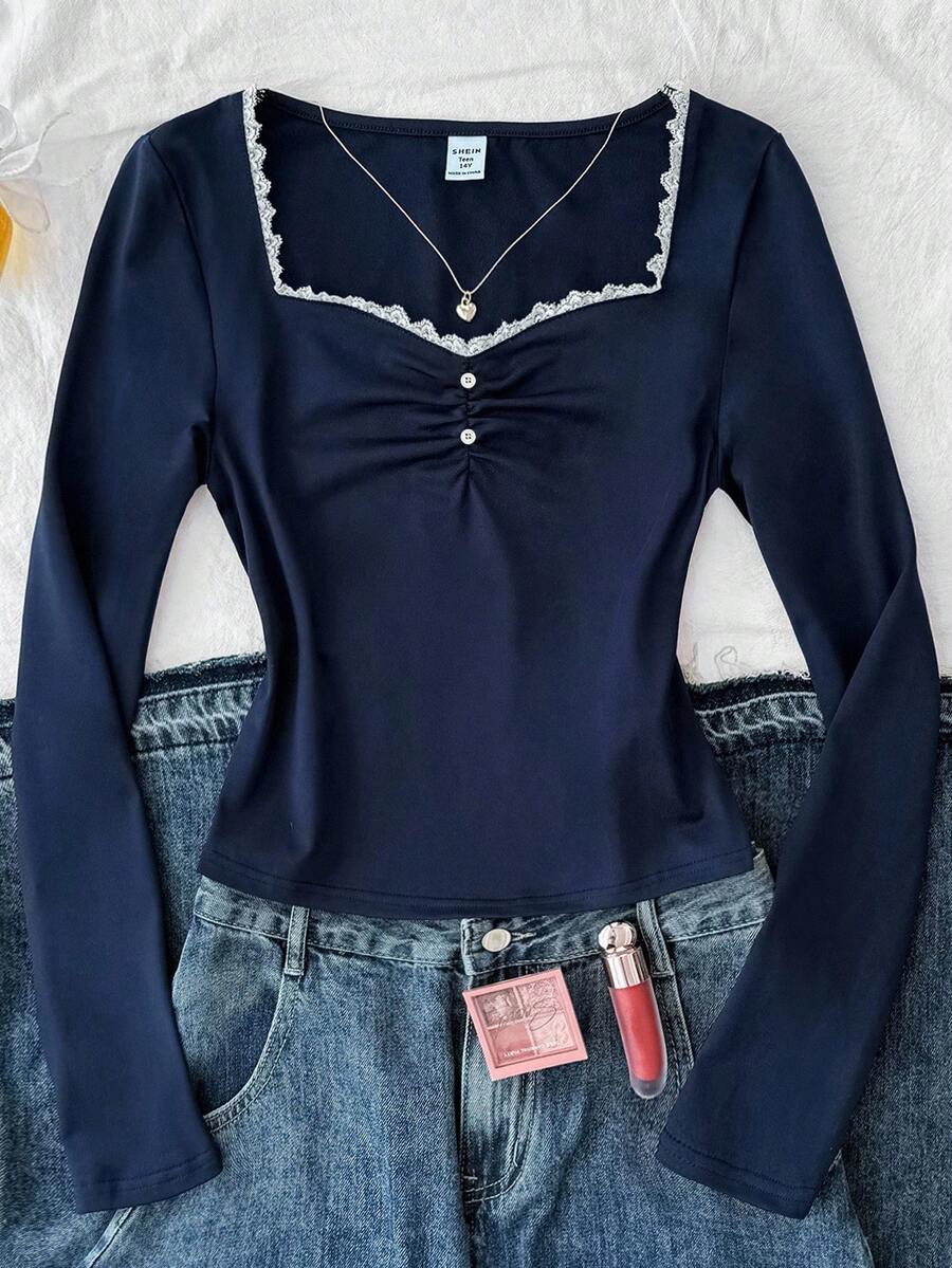 Teen Girls' Blue Knit Ruched Bust Lace Trim Fitted Long Sleeve Casual T-Shirt Cute Tops - Navy Blue - View 1